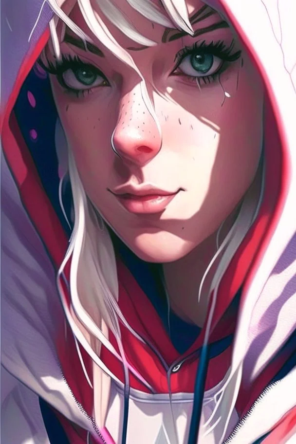 a close up of a person wearing a hoodie, artgerm on artstation pixiv, artgerm. anime illustration, artgerm comic, artgerm and lois van baarle, wlop | artgerm, trending artgerm, style of artgerm, extremely detailed artgerm, spider-gwen, spider - gwen