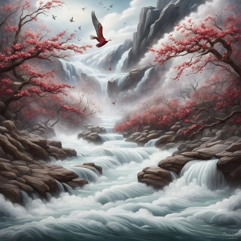 Rustic cherry branch floating down narrow rushing river, violent rapids, white peaks, birds flying. Highly detailed, fantasy, beautiful,hyperrelastic,