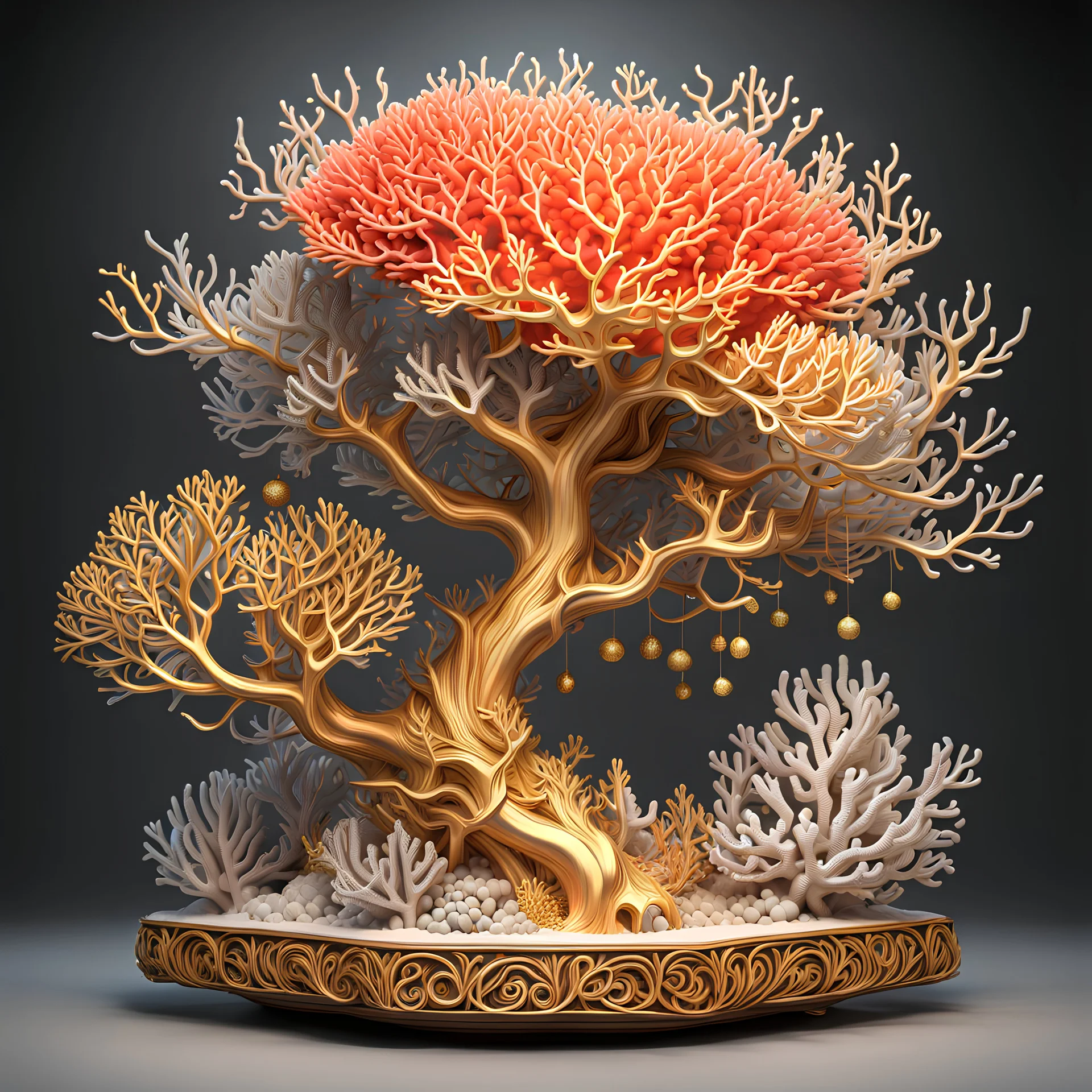 3D rendering of Expressively detailed and intricate of a hyperrealistic “coral”: side view, single object, amazing shinning gold, vines,