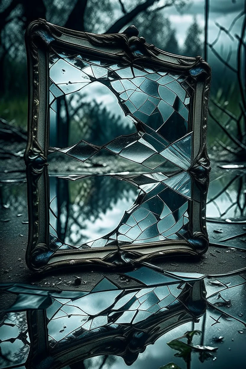 A broken piece of glass old vintage mirror, reflecting its surroundings on the water's surface. The damaged glass creates an interesting visual effect and captures the attention of the viewer, dramatic , weird, thriller, high detalied, realistic