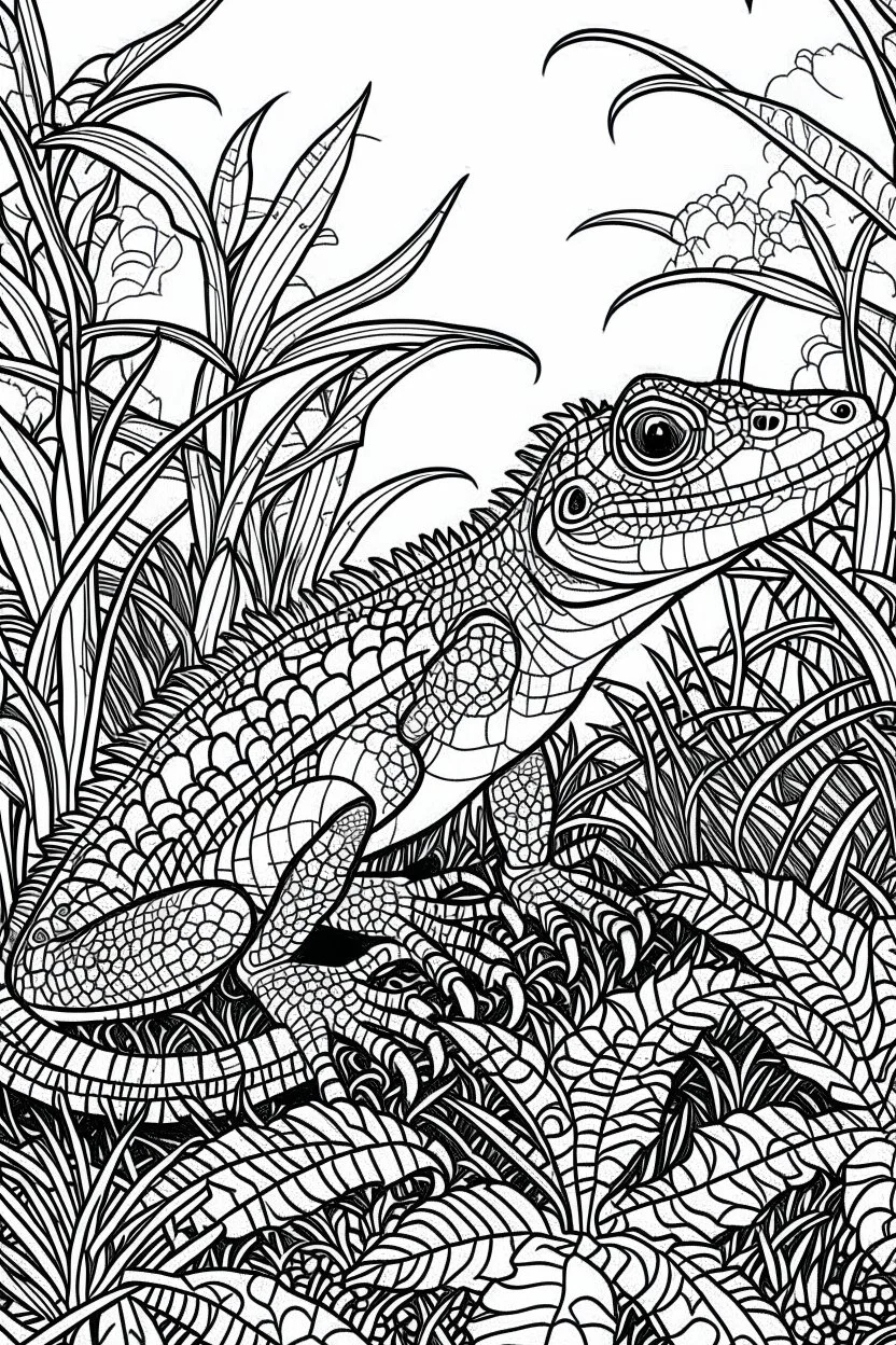 Outline art, lizard in the garden, cartoon style, black and white, low detail, --ar 9:11