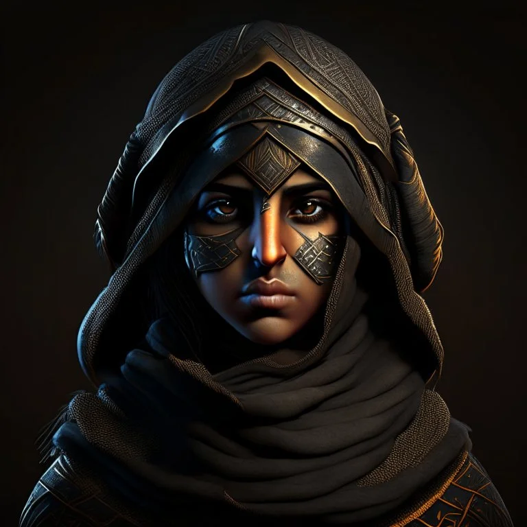 Arab warrior girl, rounded, 3D, 8k, black background