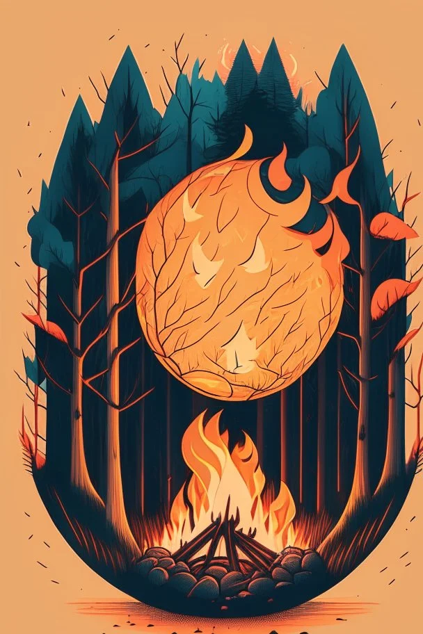 perfect round ball burning in a bonfire inside a forest, 2D flat illustration style, monoline, 3 colors max