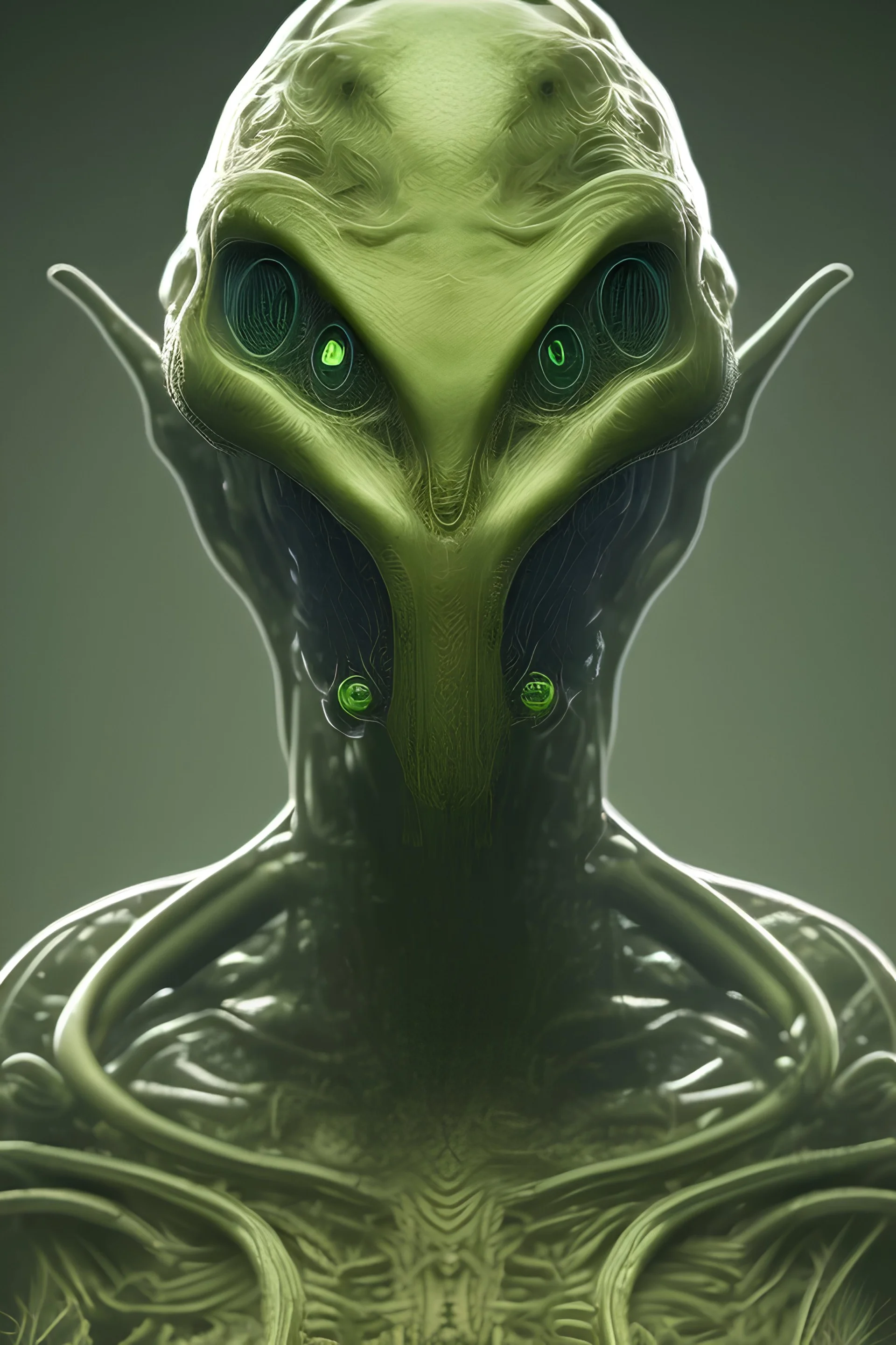 green alien, head, evil, 8k, finely detailed, photo realistic, HR Giger style