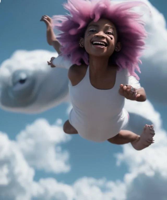 Ultra realistic speed clouds sky scene, wide angle view, sweet childs falling down, inflatable color clothing, free jumping flying, many trinkets, monster hair, hair monster, many jelly beans, balls, smile, happy, circus style, extreme, wind, clouds sea, 20,000 feet altitude, stratosphere, soft color, highly detailed, unreal engine 5, ray tracing, RTX, lumen lighting, ultra detail, volumetric lighting, 3d, finely drawn, high definition, high resolution.