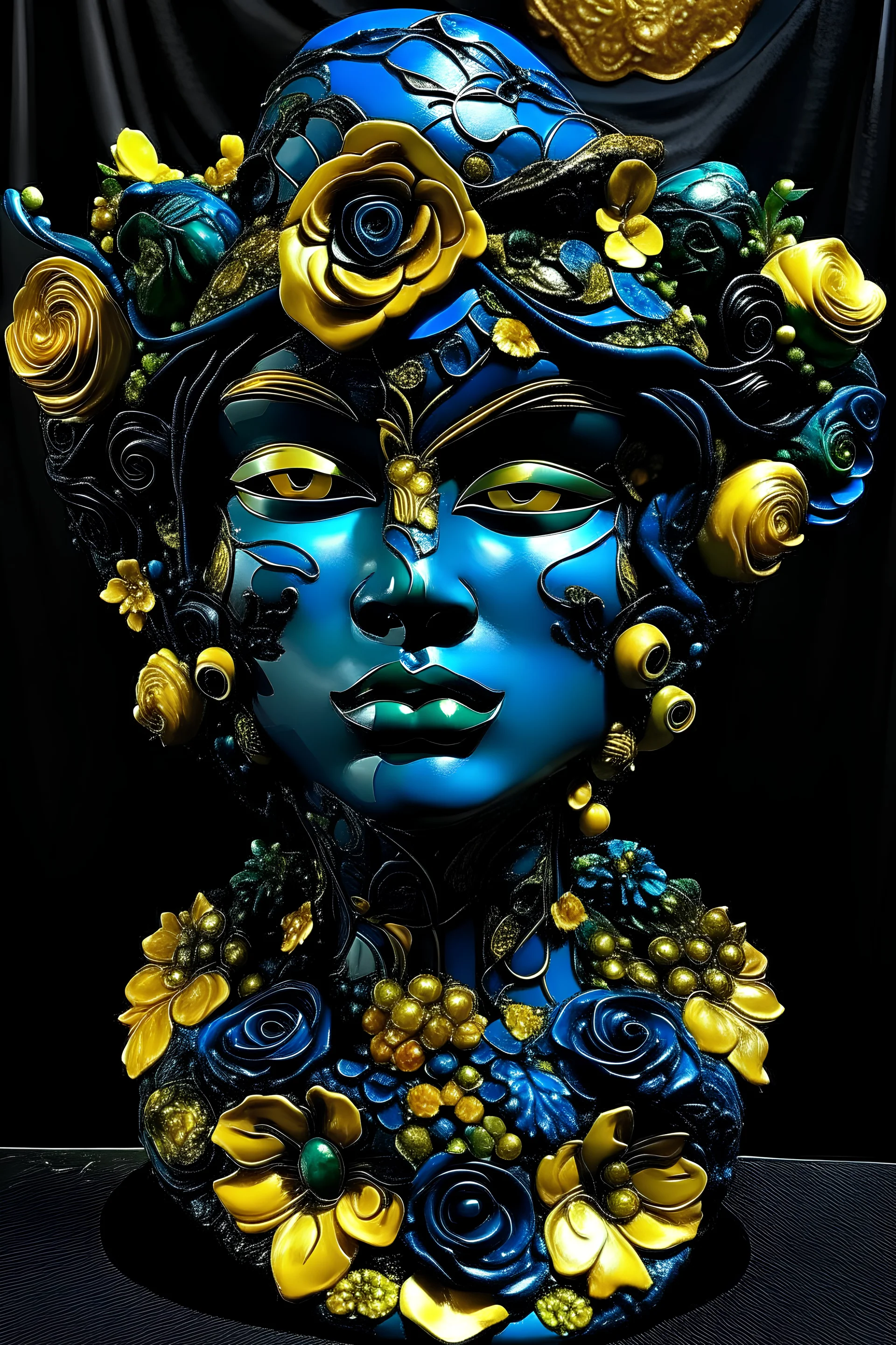 Beautiful faced young malachite ribbed face masque azulejo ceramics decadent indonesian woman, adorned with decadent black a rose art nouveau and black iris,hydrangea floral yellow opal, black onix, obsidian rombus shape rmineral stone ribbed headress wearing black leather azulejo ceramics style ribbed with blue opal stone mineral and embossed floral costume dress, golden and white and black colour gradient Dusty makeup art nouveau organic bio spinal ribbed detail of palimsest portrait