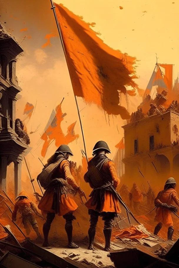 soldiers from the 1700s putting a orange flag in the middle of a destroyed city