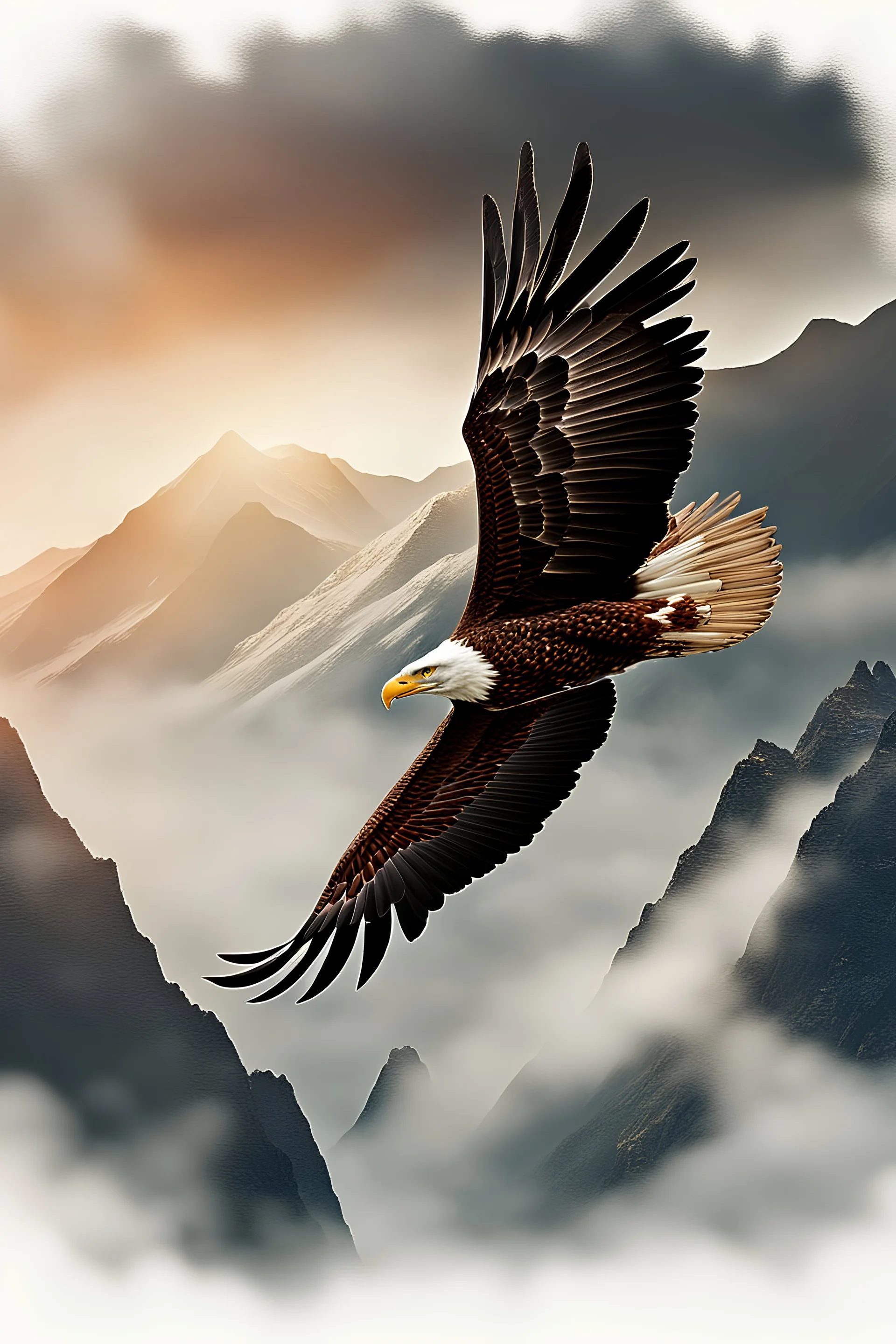 Close up image with an eagle flying over the cloudly mountain, natural vivid colors, dynamic light and shadow, very detailed scene with intricate details,