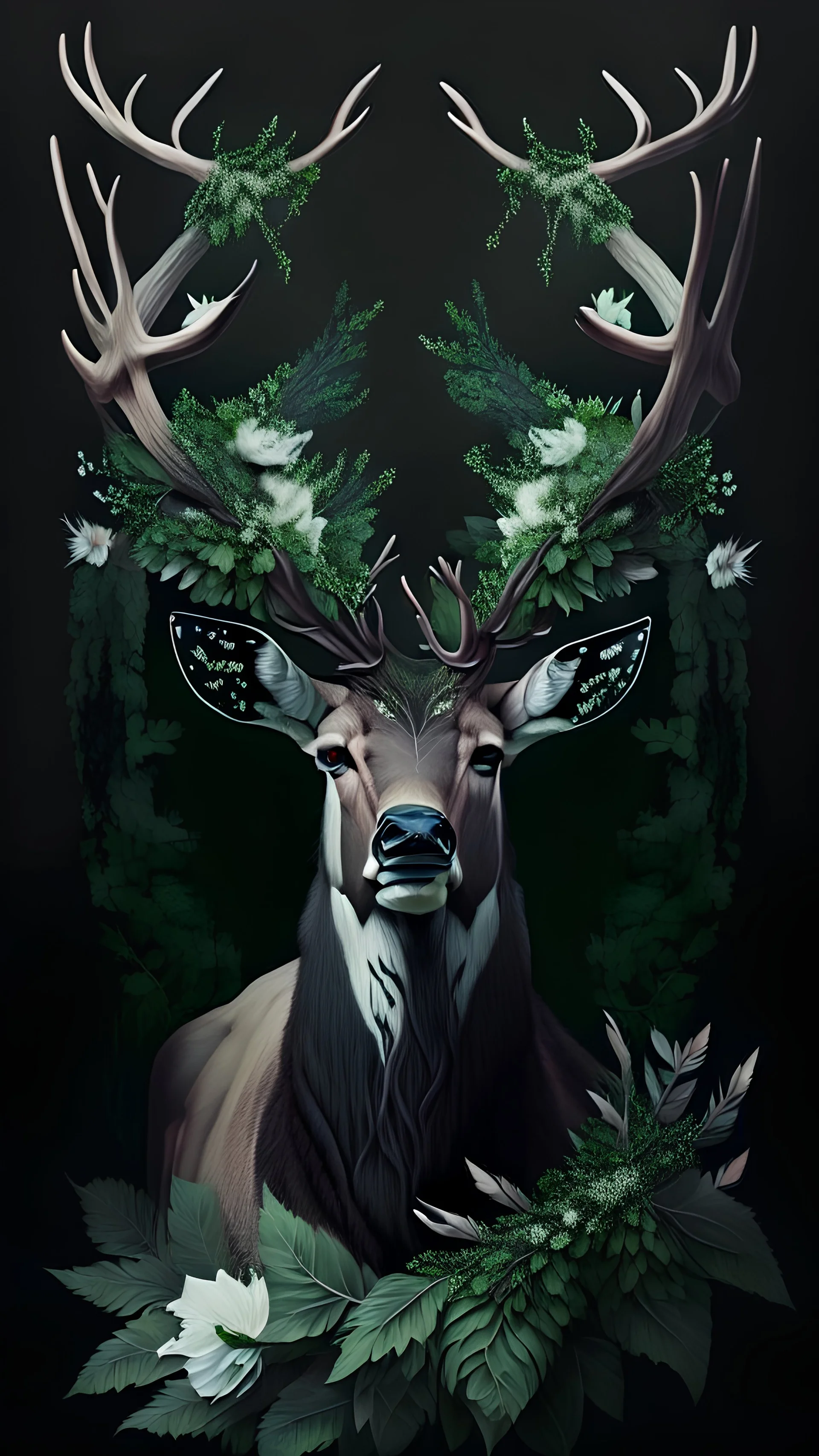 beautiful male deer with big horns made from ivy and white flowers, front facing dark smooth colors, forest green background,