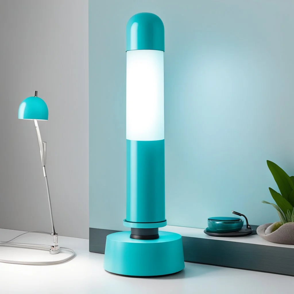 a cyan lamp that doubles as an ionic drying hood. a sleek, modern lamp in a calming cyan hue, designed to illuminate any space with a soft, soothing glow. blending modern aesthetics with practicality, it integrates discreetly into the design is an ionic drying feature. perfect for those moments when you need a quick hair treatment or skincare session.