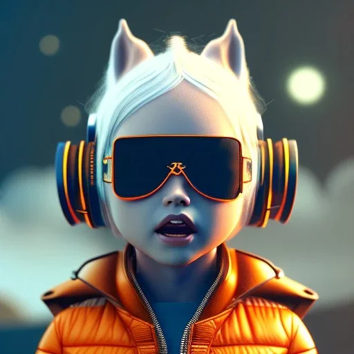 Horse toddler, smile, steampunk headphone, sunglass, gangsta neckless, full body, orange puffer jacket, tokio background, dramatic lighting, hyper realistic, unreal engine 5, 16k