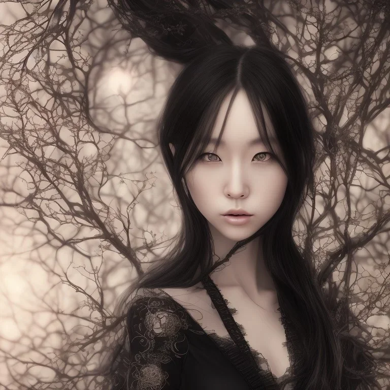 foto da japonesa hitomi tanaka, black hair, wearing a black lace dress with a deep v neck, sorceress, magical, ethereal, intricate, sharp lighting, misty. Painting, high quality, Ultra quality 8k.