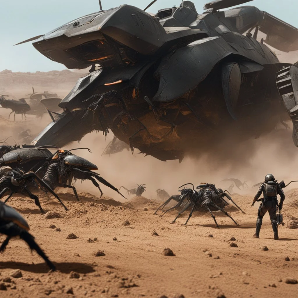 Starship Troopers Up-Close fight with giant insects in the Dirt seen from the side, far away