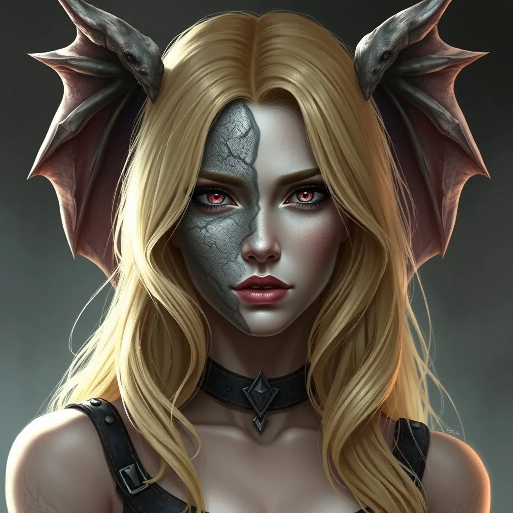 a blonde fantasy woman who is half human and half gargoyle, face is stone, medieval, gothic, digital art, stylised