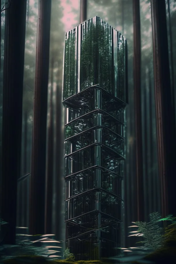 chrome tower in forest, 4 k, trending art, depth of field, high detail, high contrast