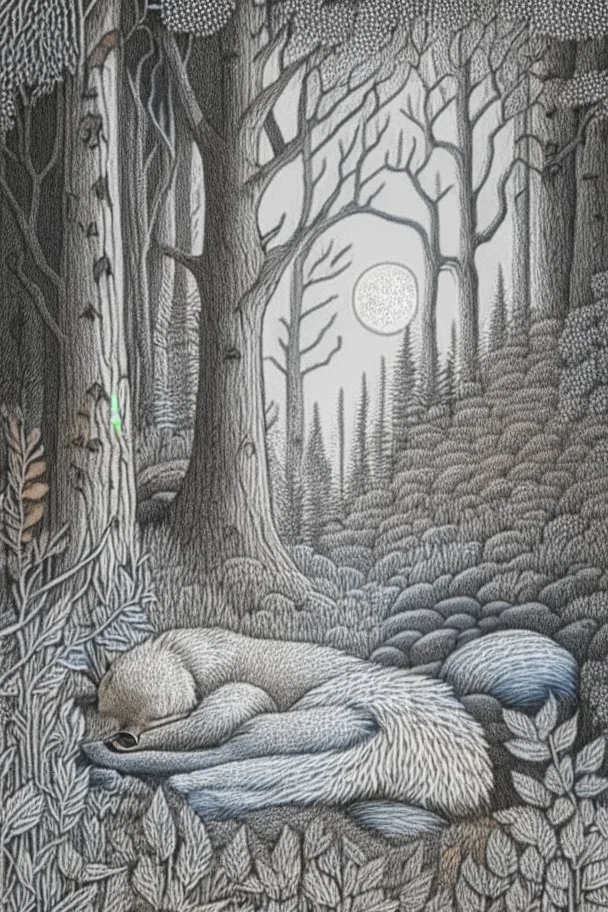 in the style of Henry Justice Ford, a drawing of a forest in which a fox sleeps