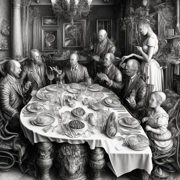 Marjorie Green Taylor, Ron Desantis, eating dinner, detailed black-and-white etching Dürer style