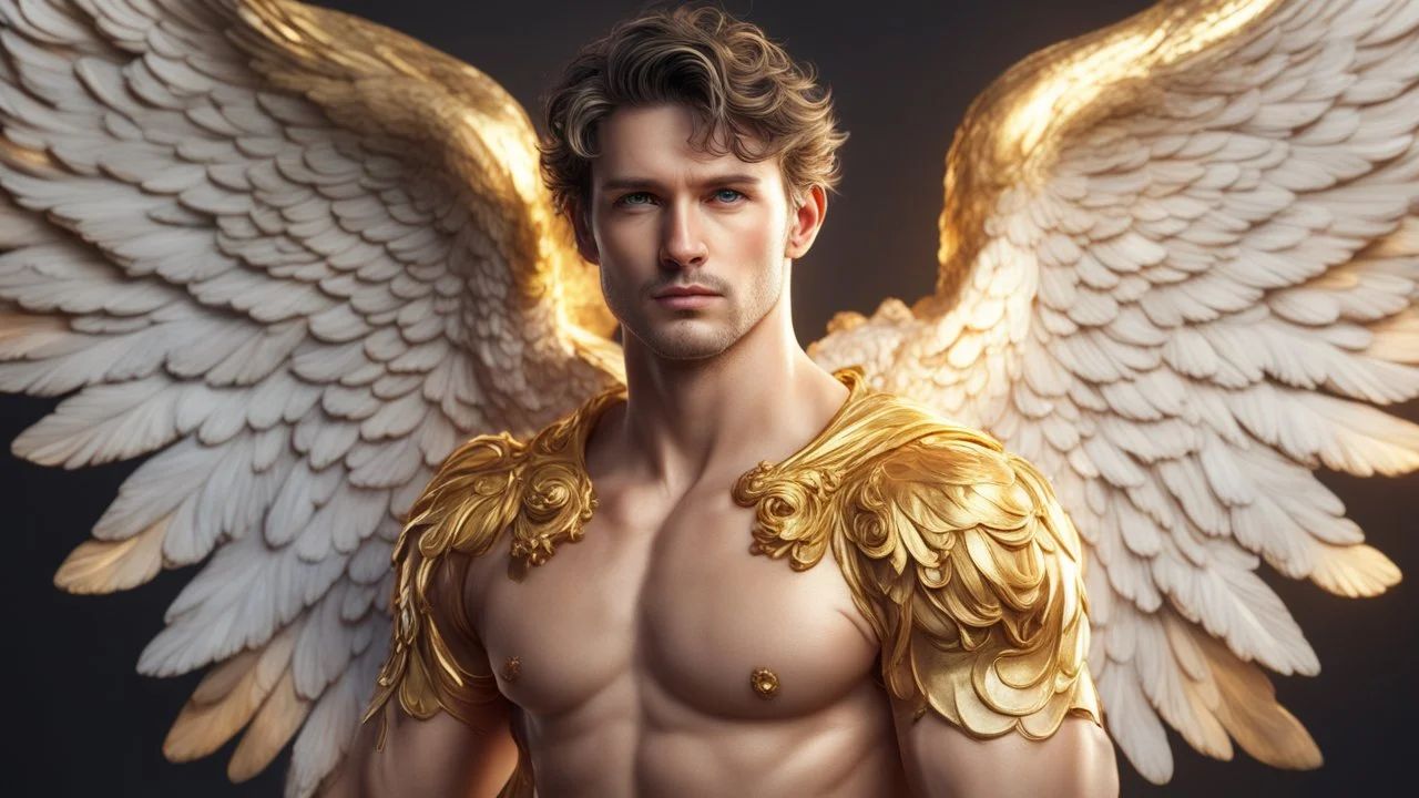 male 35 years old angel, fine rendering, high detail, 8K, bright colors, HD photography, gold, apple