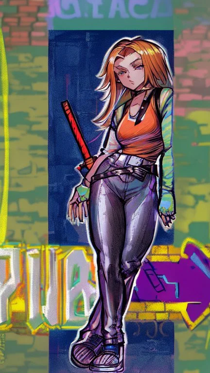 teen woman in retro-futurist cyberpunk costuming with pants and sheathed swords leaning to the side with shoulder against a brick pillar, add a background of brick with graffiti of a large arrow pointing to the right and text of the word "PUB" on lower left