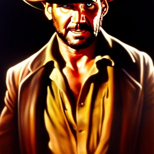 Ultra detailed fullbody Portrait in oil on canvas of Indiana Jones , extremely detailed digital painting, extremely detailed face,crystal clear Big Glowing eyes, mystical colors ,perfectly centered image, perfect composition, rim light, beautiful lighting, 8k, stunning scene, raytracing, anatomically correct, in the style of robert e howard and Ken Kelley and Ohrai Noriyoshi and Simon Bisley and tomzj1