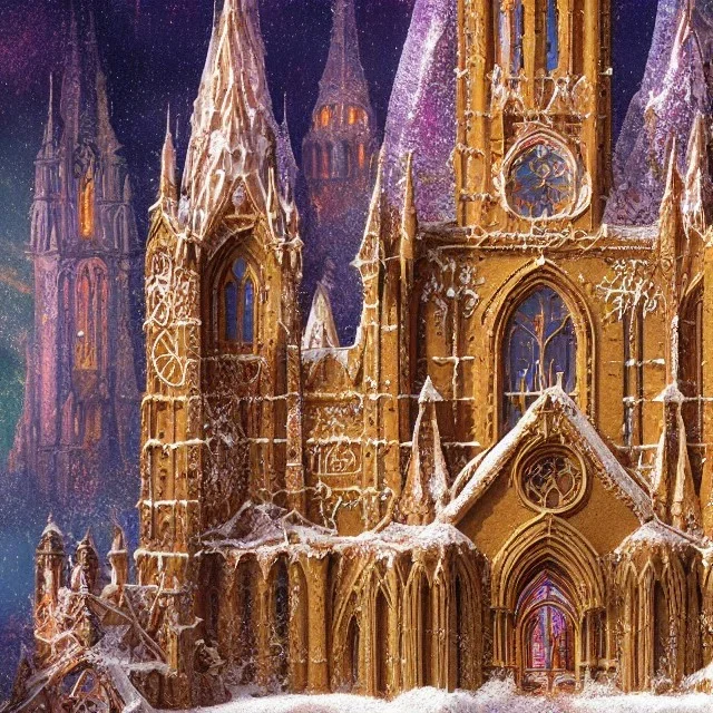 cathedral made of gingerbread with vibrant rock candy as windows, frosting, 8k resolution, centered, high-quality, ultrafine-detail, ornate, digital art, baroque, volumetric lighting, illustration, 3D octane render, brian froud, howard lyon, George Grie, greg rutowski,