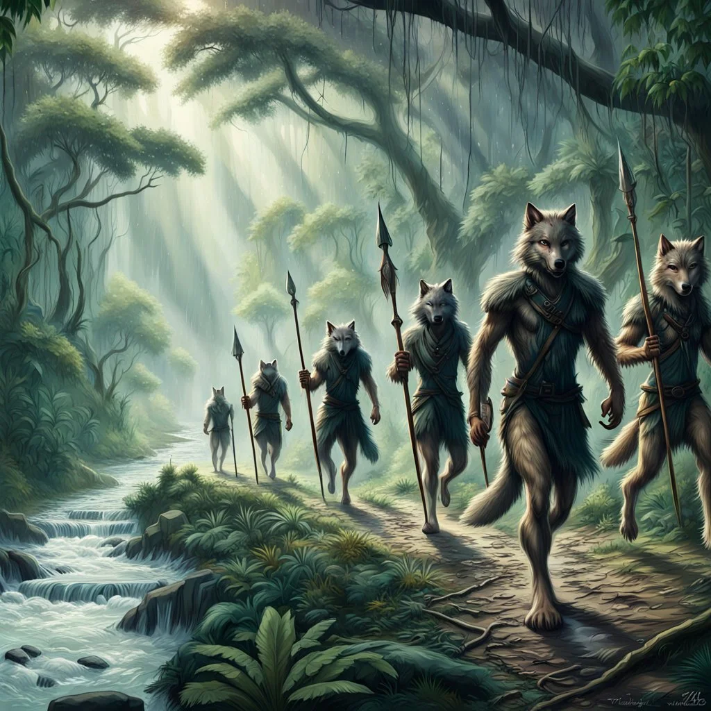 wolf body hair straight walking eight anthropomorphic wolf man hybrid human two with spears in their paws go one after another by pathway in jungle, in the further away a river flows in jungle near the trees, rain, very thick-trunk trees and jungle vegetation, near to them flows a fast river, dark colors, high realistic, 3d, digital art, detailed, cinematic, sci-fi, fantasy mood