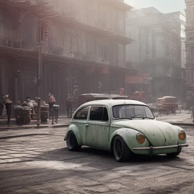 an old volkswagen car ultra realistic,wide body , rally concept, 4k ,on street,8k resolution, high-quality, fine-detail, parked in crowded city winter wide body night future city