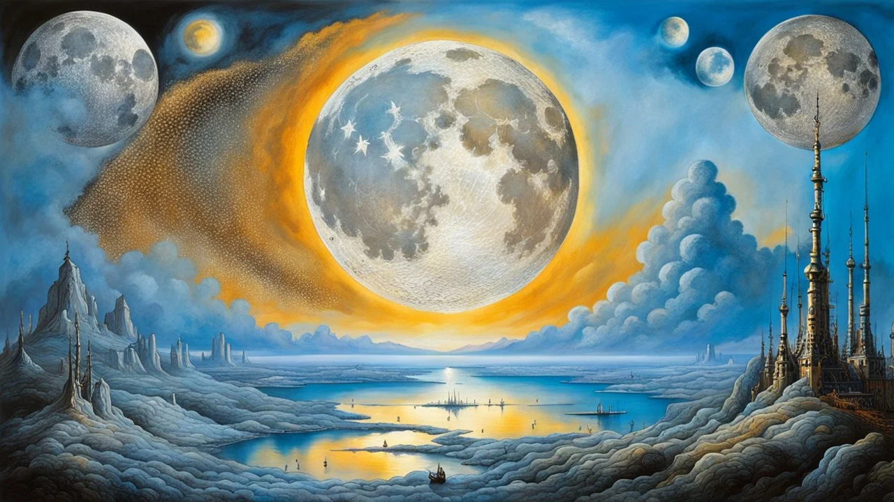 the giant shiny Moon on the sky, atars and glitters on the sky, etheral, mystic art, blue, silver, black colors, ethereal fantasy hyperdetailed mist style by dali, bosch, kandinsky