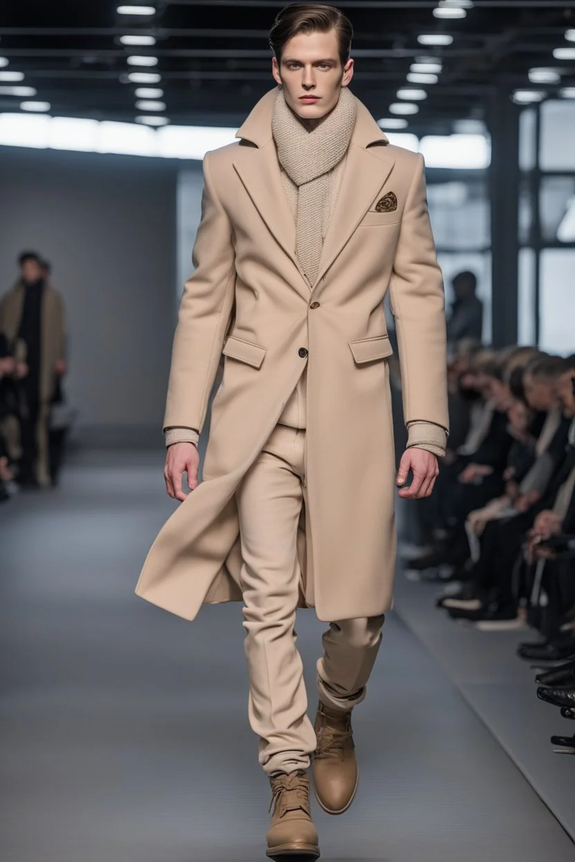 a men winter fashion runway with industrial clothes inspired by Superman Emblem style, embroidery elegante fashion beige tones