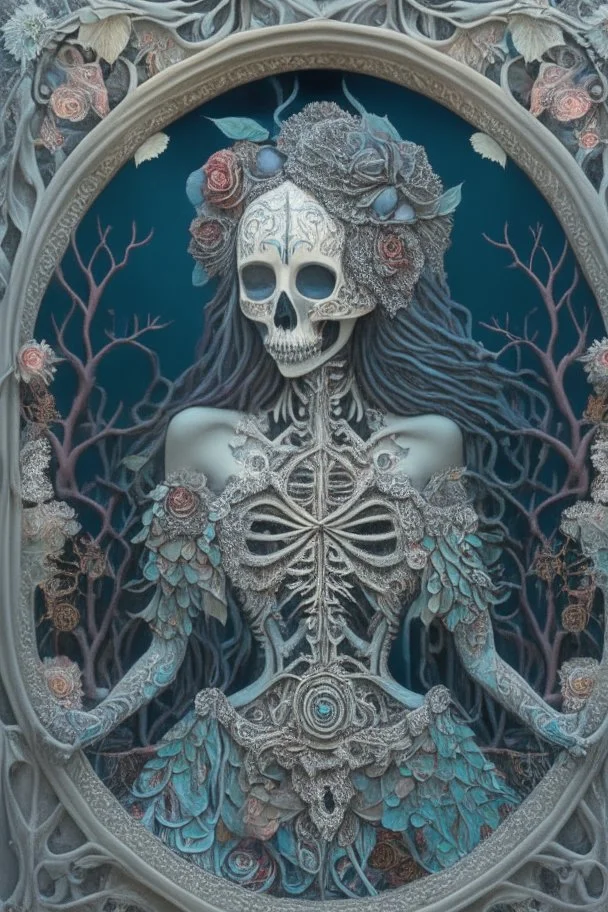 Artwork entitled "Skull Moon Pond Goddess " depicts a partially skeletonized Pond Goddess wearing a gown made from detailed quilling consisting of feathers, foliage, fish scales, flowers, and gemstones appearing inside an archway of quilling growing around her and the skull moon; insanely detailed; quilling; elegant, fantasy, rose tones, beautiful, rapturous