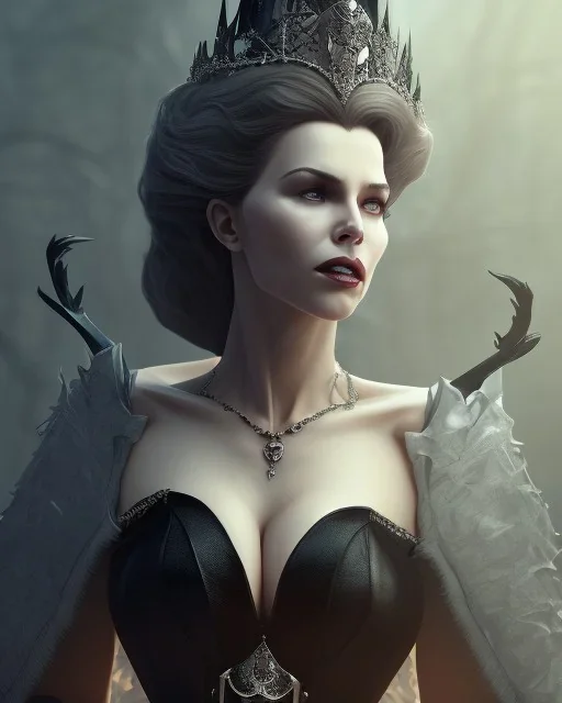 old evil queen in black leather gown, femme fatale, volouptous, busty, cleavage, angry, emperious, 8k resolution concept art portrait by Greg Rutkowski,