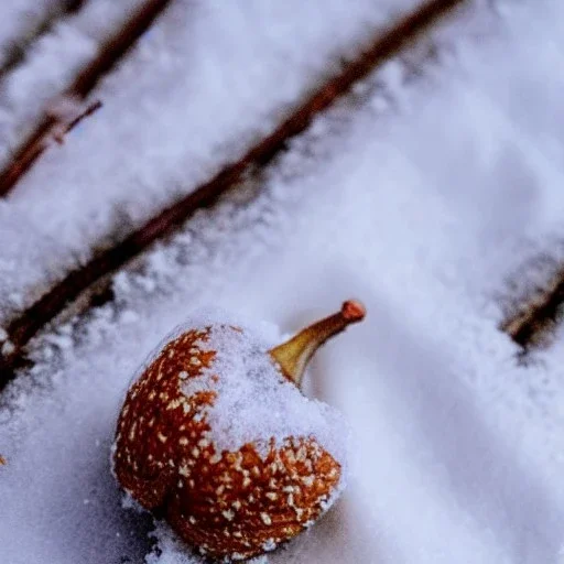 watercolor of tiny acorn covered in snow, warm colors, soft lighting, snowdrift