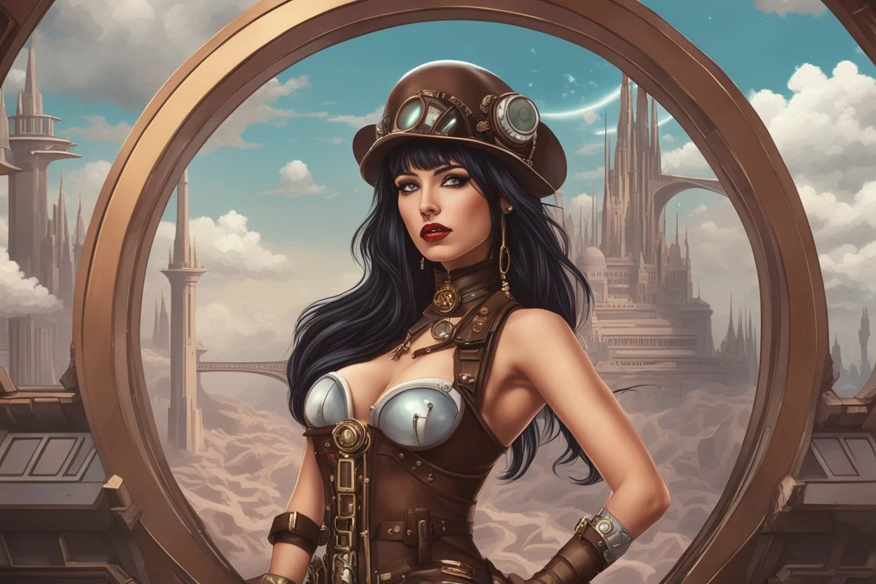 exotic sci-fi steampunk pin-up girl, with long dark hair with bangs, on an alien planet with cloud trees, tall spires, buildings, bridges, arches, photorealistic