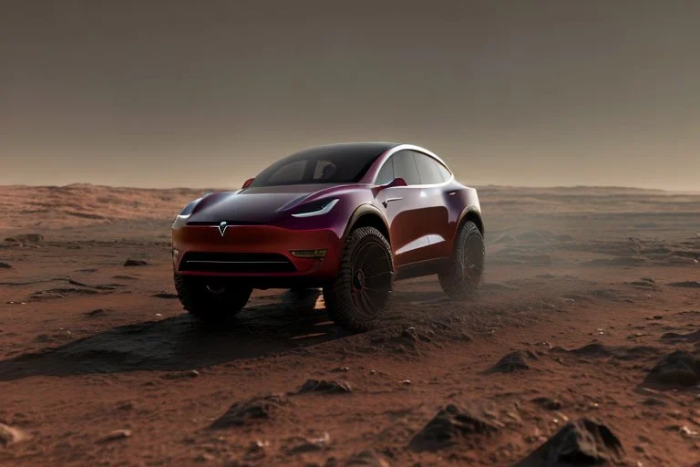 A Tesla 'Model Y' is parked, at the Cydonia region on Mars. (CINEMATIC, WIDE ANGLE LENS, PHOTO REAL)