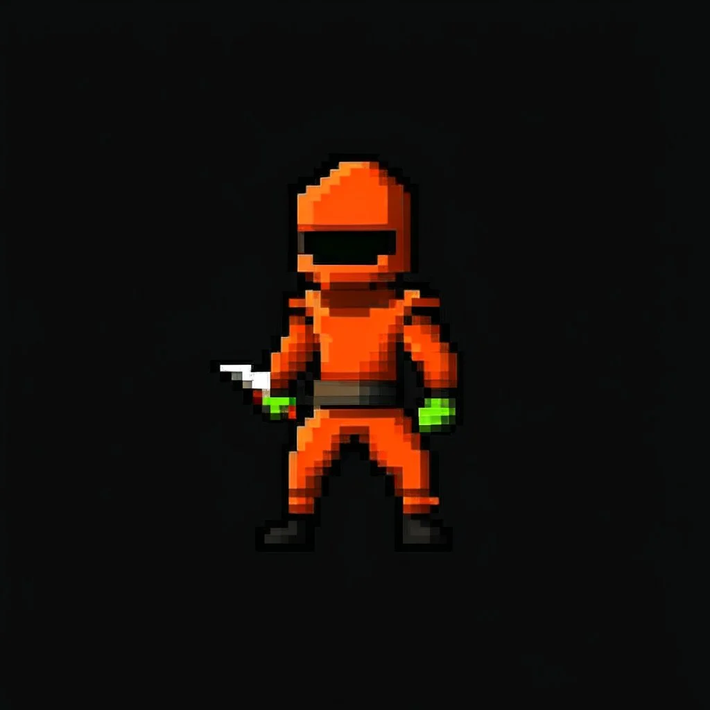 a pixel art-style, simple 32-bit Ninja with a orange outfit