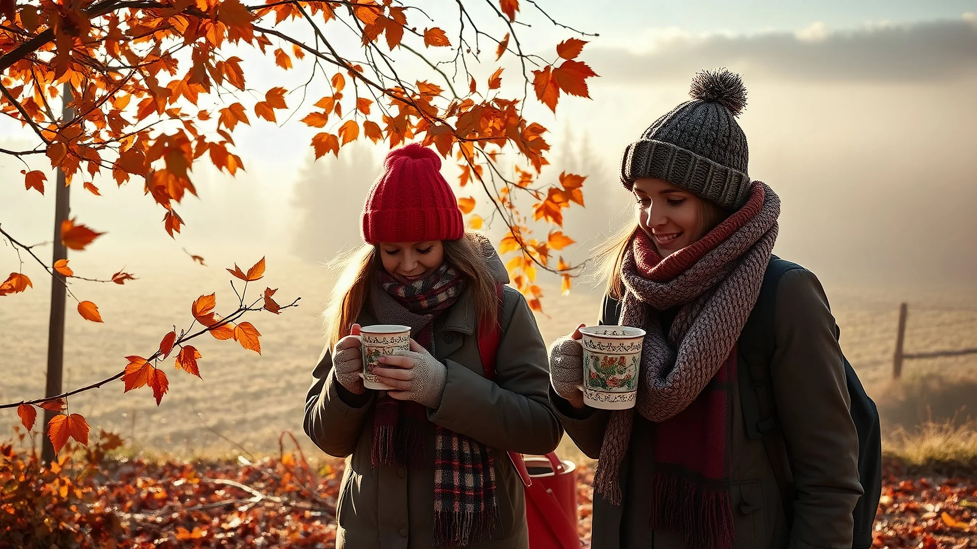 Autumn: falling leaves, Misty mornings, fog over distant fields or forests, sunshine; people wearing scarves, woolly hats, gloves, holding mugs of steaming hot drinks; chestnuts, acorns, berries, rowan, holly, mistletoe; birds migrating; squirrels gathering nuts; rabbits; beautiful colours, atmospheric. Award winning photograph.