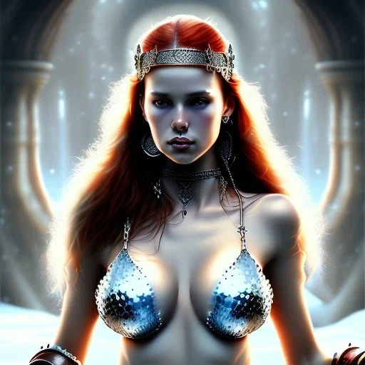 Epic full body picture portrait of busty atletic young beautiful Red Sonja Luis Royo styles