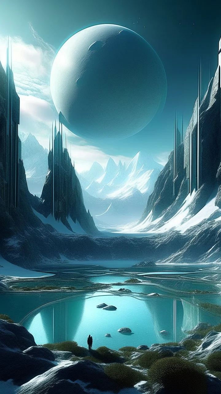 sci fi planet, busy city, futuristic glacier, mysterious, plants