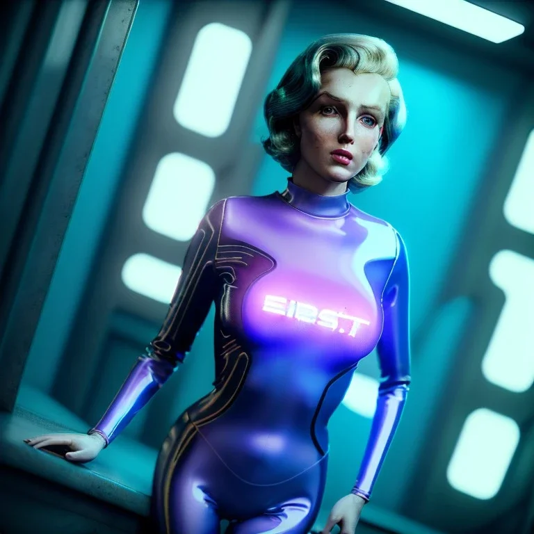 Realistic movie image, retro sci-fi, portrait, blonde action woman, sweet Marylin Monroe face, perfect iris, glow eyes. tight latex tights suit. City, blade runner movie style . epic style, soft color, highly detailed, unreal engine 5, ray tracing, RTX, lumen lighting, ultra detail, volumetric lighting, 3d, finely drawn, high definition, high resolution.