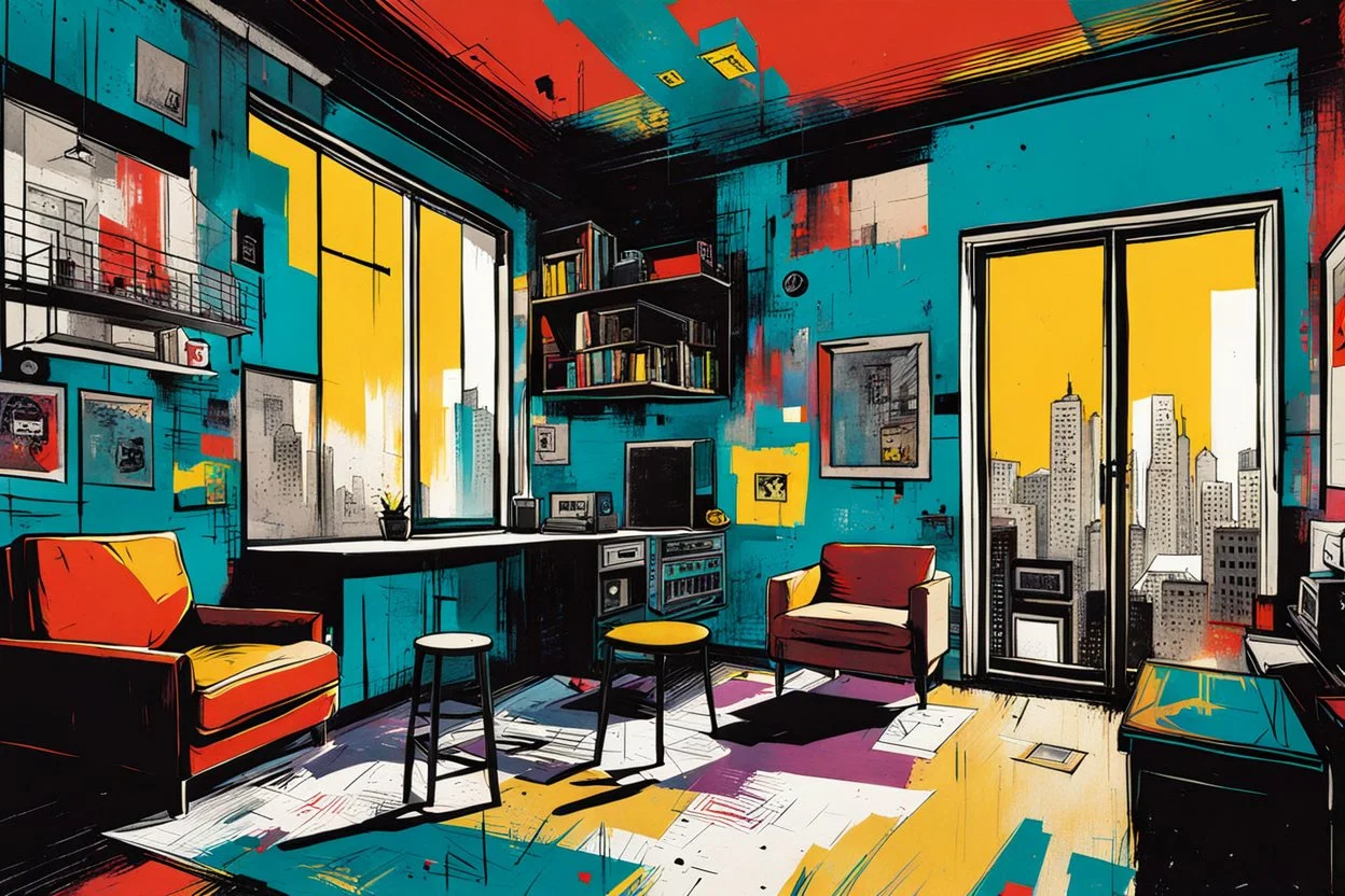 create a wildly abstract illustration of a highly detailed loft apartment in style of Jean Michel Basquiat , and the comic book art style of Bill Sienkiewicz, finely textured, drawn, colored, and inked