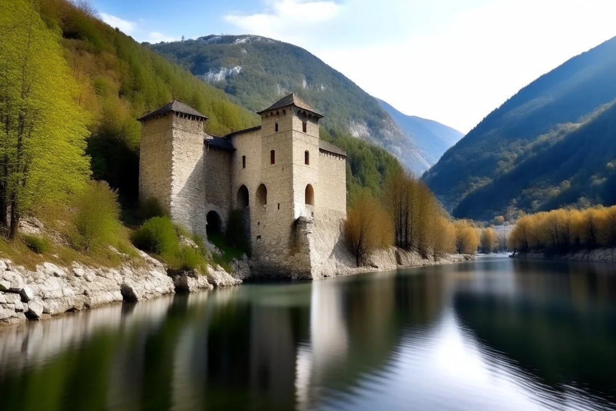 fortress beside a river in the mountains