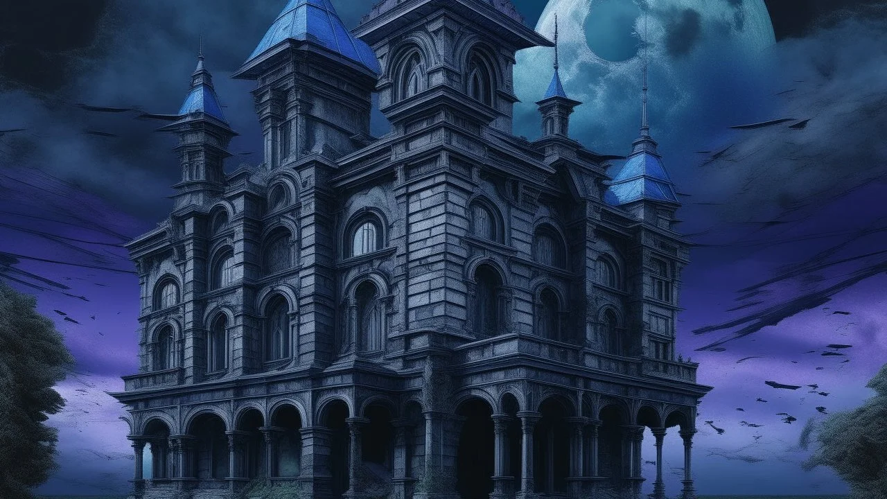 A dark, surreal building with organic, decaying architectural features dominates the image. The structure is rendered in shades of blue and purple, with a cloudy sky and ethereal moons in the background.