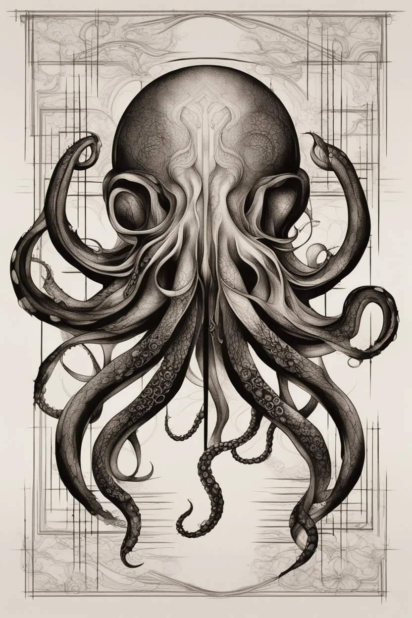Create a captivating modern 2d ink tattoo design for print , prestigious (Sacred Octopus) using the elegant influences of japan art style, for print, dynamic elements from fashion and design, and bold Japanese contemporary art aesthetics, framing centered in the center, distanced from the edges of the paper perimeter, perfect anatomy, bauhaus, Divine Proportion,