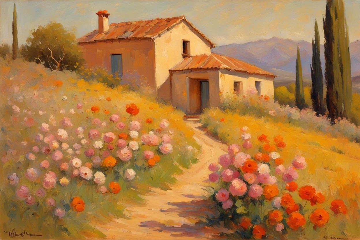 sunny day, mountains, trees, dirt road, flowers, spring, countryside, adobe house, wilfrid de glehn and rodolphe wytsman impressionism paintings