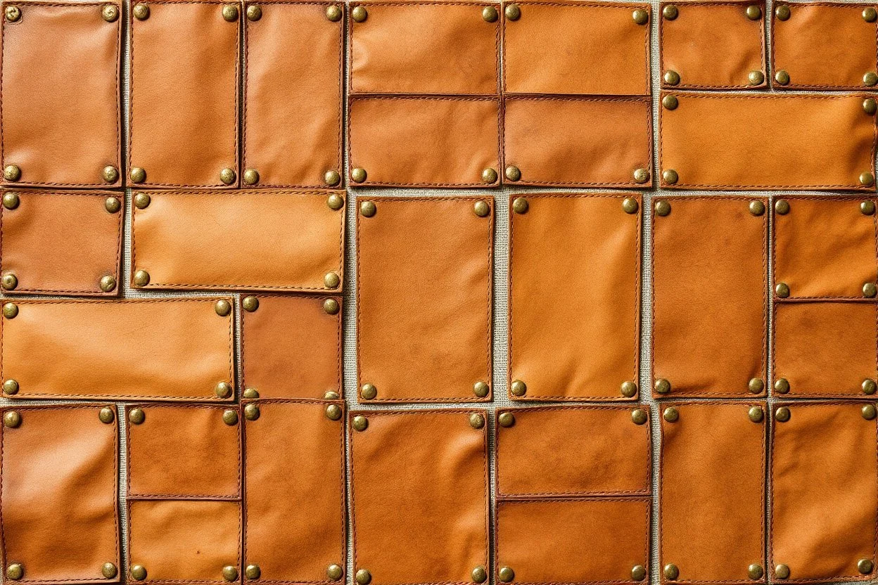 canvas background covered with a grid of many rectangular weathered faded tan leather patches that are each stitched (brown) and nailed (brass) around the edges