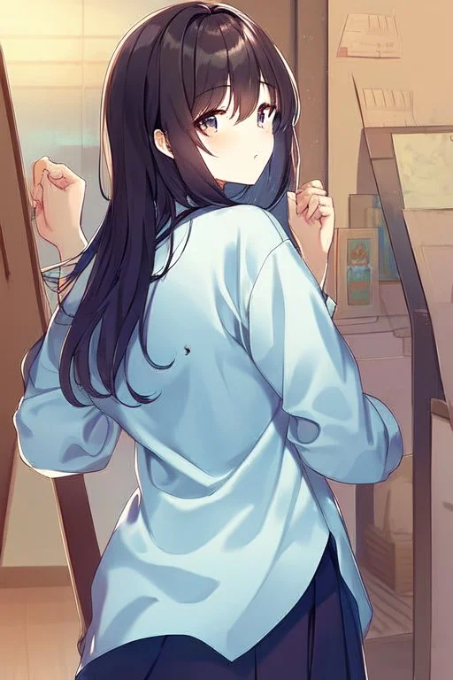 anime waifu wearing a pyjama shirt and a skirt with her back turned