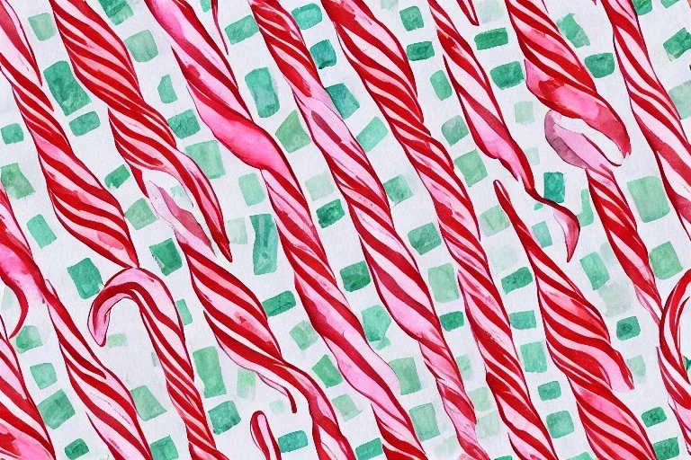 giftwrap pattern with watercolor of candycanes, children's book illustration, white parchment paper, wrapping paper, white linen, in the style of e. h. shepard