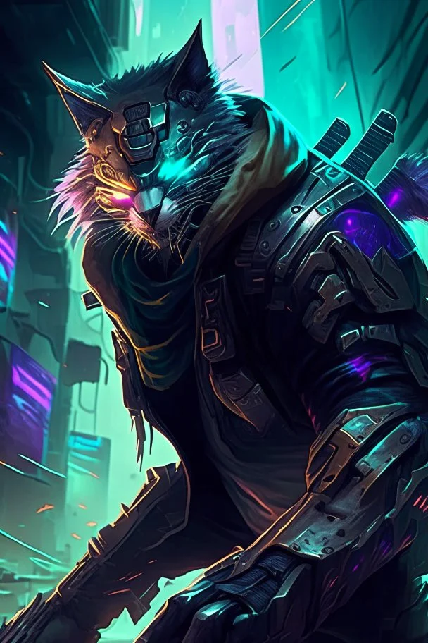 Rengar from league of legends in style cyberpunk, hunting his enemy