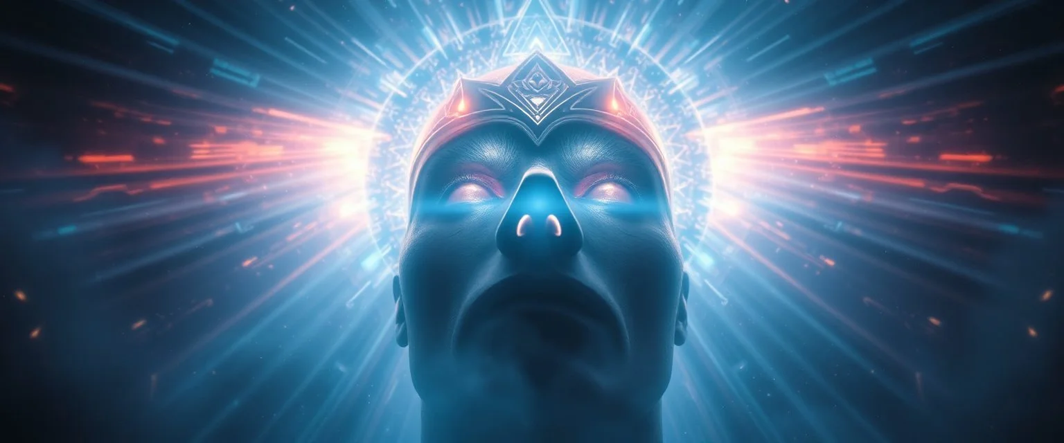 close up on the soul in the gaze of abraxas, interdimensional portal, sacred geometry of light through volume fog