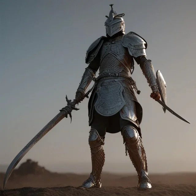  A warrior in silver armor,great sword,strong build, RTX, TXXA, SSAO, High quality,hyperrealistic, cinematic, Super detailed, Anti-Aliasing,Full color, HDR,4k, 8k